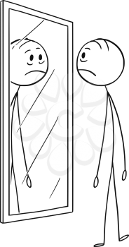 Cartoon stick drawing conceptual illustration of sad depressed man looking at himself in the mirror.