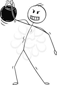 Cartoon stick drawing conceptual illustration of muscular bodybuilder man lifting kettlebell weight during workout.
