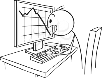 Cartoon stick drawing conceptual illustration of man or businessman working on computer and watching in panic falling graph or chart on the screen.