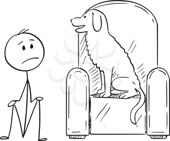 Cartoon stick drawing conceptual illustration of unhappy man sitting on ground because his dominant dog pet is occupying the armchair.