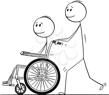Cartoon stick drawing conceptual illustration of smiling man pushing a wheelchair with disabled man.