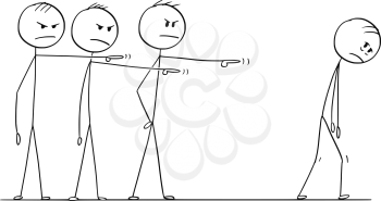 Cartoon stick drawing conceptual illustration of team of businessmen or coworkers or colleagues blaming one of them and forcing him to leave.