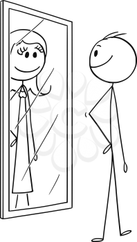 Cartoon stick drawing conceptual illustration of man looking at himself in the mirror but seeing woman inside.