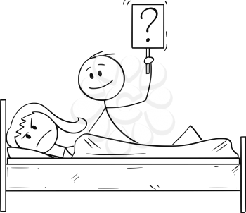 Cartoon stick drawing conceptual illustration of couple in bed. Man wants sexual intercourse, woman is rejecting and going to sleep. Concept of sexual life problem.