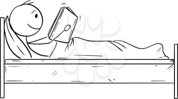 Cartoon stick drawing conceptual illustration of happy man reading a book in bed.