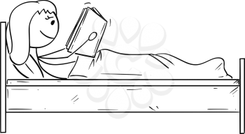 Cartoon stick drawing conceptual illustration of happy woman reading a book in bed.