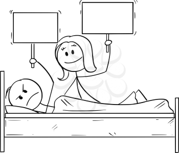 Cartoon stick drawing conceptual illustration of couple in bed, woman offering something, probably sexual intercourse, man is rejecting and wants to sleep. Both are holding empty signs for your text.