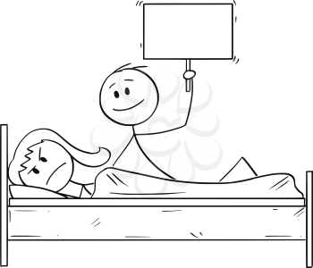 Cartoon stick drawing conceptual illustration of couple in bed, man offering something, probably sexual intercourse, woman is rejecting and wants to sleep. Man is holding empty sign for your text.