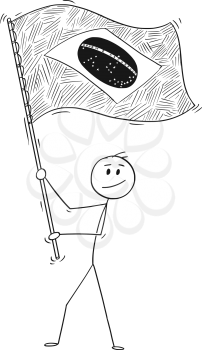 Cartoon drawing conceptual illustration of man waving flag of Federative Republic of Brazil.