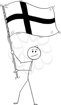 Cartoon drawing conceptual illustration of man waving the flag of Republic of Finland.