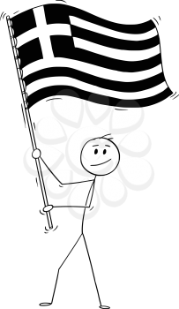 Cartoon drawing conceptual illustration of man waving the flag of Greece or Hellenic Republic.
