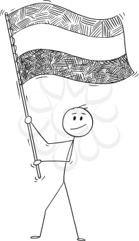 Cartoon drawing conceptual illustration of man waving the flag of Kingdom of the Netherlands or Holland.