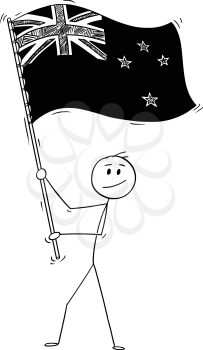 Cartoon drawing conceptual illustration of man waving the flag of New Zealand.