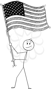 Cartoon drawing conceptual illustration of man waving the flag of United States of America or USA.
