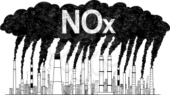 Vector artistic pen and ink drawing illustration of smoke coming from industry or factory smokestacks or chimneys into air. Environmental concept of nitrogen oxides or NOx air pollution.