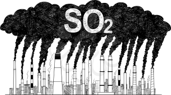 Vector artistic pen and ink drawing illustration of smoke coming from industry or factory smokestacks or chimneys into air. Environmental concept of sulfur dioxide or SO2 air pollution.