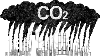 Vector artistic pen and ink drawing illustration of smoke coming from industry or factory smokestacks or chimneys into air. Environmental concept of carbon dioxide or CO2 air pollution.