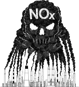 Vector artistic pen and ink drawing illustration of smoke coming from industry or factory smokestacks or chimneys creating human skull shape in air. Environmental concept of toxic and deadly nitrogen oxides or NOx air pollution.