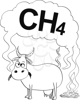 Vector artistic pen and ink black and white drawing illustration of cow producing methane or CH4. Environmental concept of air pollution and greenhouse gasses production.