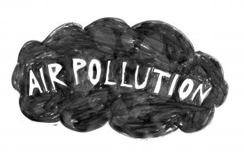 Black brush and ink artistic rough hand drawing of dark cloud with air pollution text.