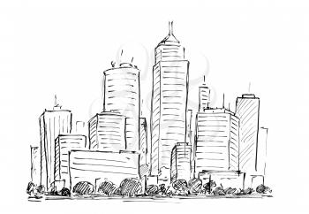 Black brush and ink artistic rough hand drawing of generic city high rise cityscape landscape with skyscraper buildings.