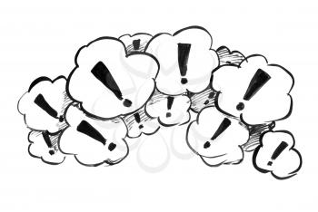 Black brush and ink artistic rough hand drawing of group of speech bubbles or text balloons with attention exclamation marks or points.