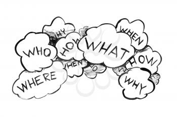 Black brush and ink artistic rough hand drawing of group of speech bubbles or text balloons with question.