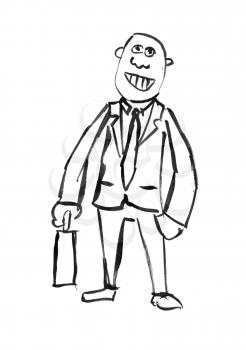 Black brush and ink artistic rough hand drawing of smiling businessman with briefcase.