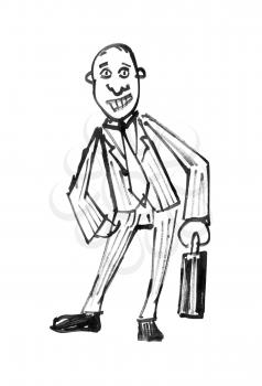 Black brush and ink artistic rough hand drawing of smiling businessman holding briefcase.