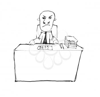 Black pen and ink artistic rough hand drawing of businessman, boss or manager sitting in office behind desk or table.