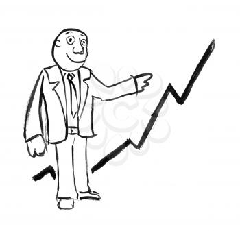 Black brush and ink artistic rough hand drawing of businessman or manager presenting rising graph or chart or just growth.