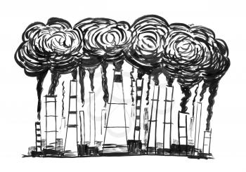 Black brush and ink artistic rough hand drawing of smoke coming from industry or factory smokestacks or chimneys into air. Environmental concept of air pollution.