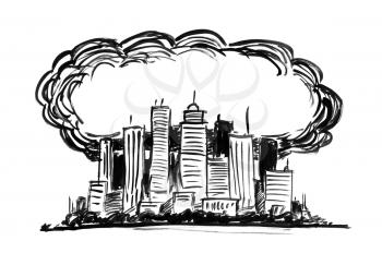 Black brush and ink artistic rough hand drawing of high rise building and smog covering the city. Environmental concept of toxic and deadly air pollution.