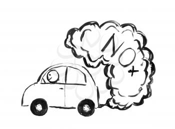 Black brush and ink artistic rough hand drawing of smoke coming from car exhaust into air. Environmental concept of NOx or nitrogen oxides pollution.