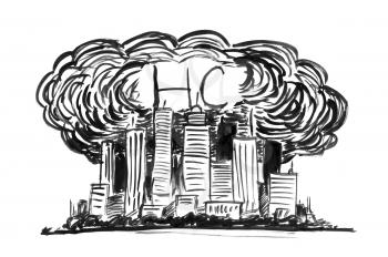 Black brush and ink artistic rough hand drawing of high rise building and smog covering the city. Environmental concept of toxic and deadly HC or hydrocarbon air pollution.