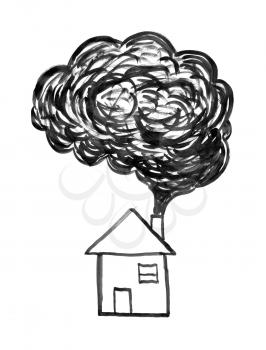 Black brush and ink artistic rough hand drawing of smoke coming from house chimney into air. Environmental concept of pollution.