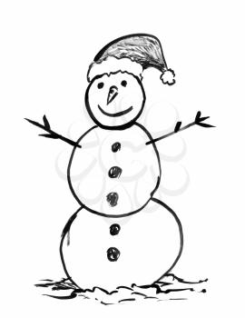 Black brush and ink artistic rough grunge hand drawing of smiling winter snowman with Santa's hat.