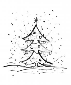 Black brush and ink artistic rough grunge hand drawing of Christmas tree standing outdoor in snowfall with decorations.
