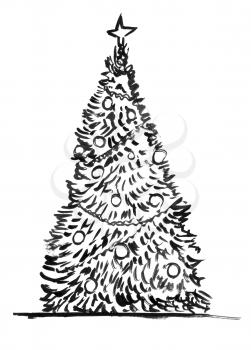Black brush and ink artistic decorative rough grunge hand drawing of Christmas tree.