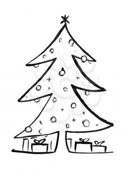 Black brush and ink artistic rough grunge hand drawing of decorated Christmas tree and wrapped gift boxes around.