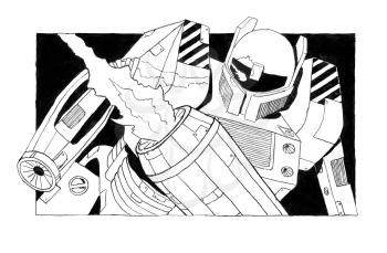Black and white rough ink sketch of dangerous armed and armored robot or robotic soldier with weapons and guns as arms.