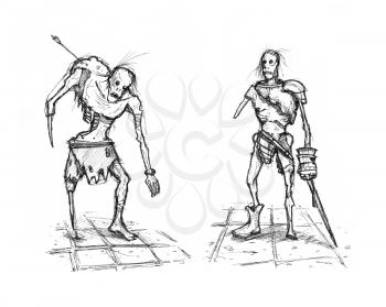 Black and white rough grunge ink sketch of two fantasy warrior or knight zombies.
