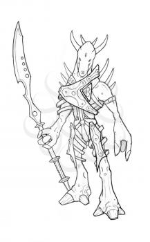 Black and white rough grunge pencil sketch of fantasy or alien warrior with sword and armor.