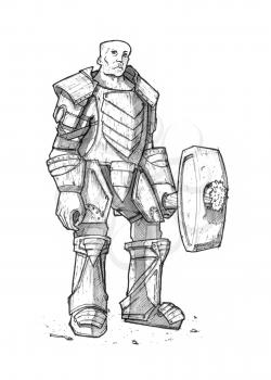 Black and white ink drawing of fantasy warrior knight in heavy armor and iron sledgehammer or maul in hand.