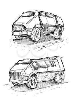 Black and white ink concept art drawing of two futuristic or sci-fi automotive van or delivery truck designs.