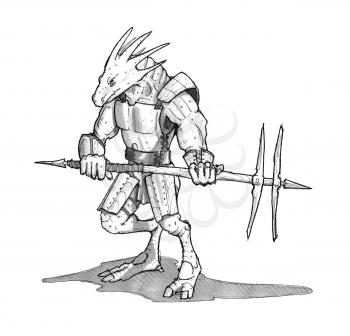Black and white ink concept art drawing of lizard warrior with battle axe and armor.