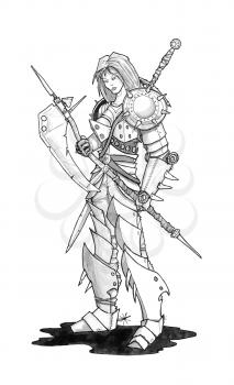 Black and white ink concept art drawing of fantasy female woman warrior soldier in plate armor and with big ax.