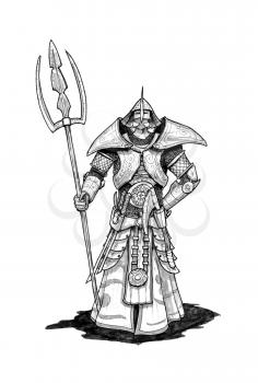 Black and white ink concept art drawing of fantasy ceremony guardian in full ring and plate armor and trident.