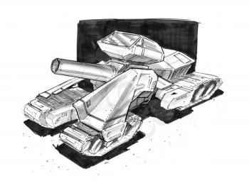 Black and white rough ink concept art drawing of sci-fi future military tank or mobile artillery design.