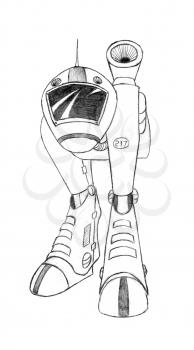 Black and white rough pencil concept art drawing of sci-fi future military robot or walking tank designs.